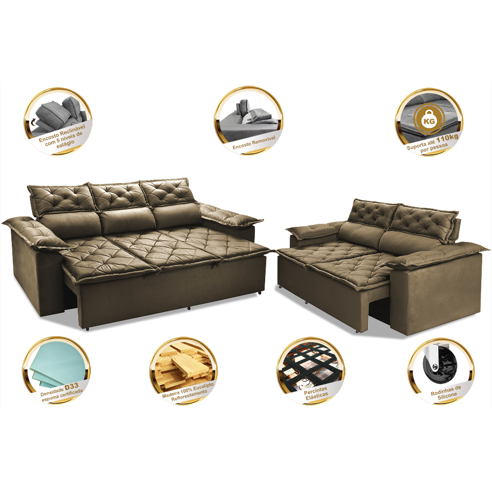 Conjunto de Sofá 3 e 2 Lugares Retrátil e Reclinável Cama inBox Compact 2,00x1,50m Velusoft Castor