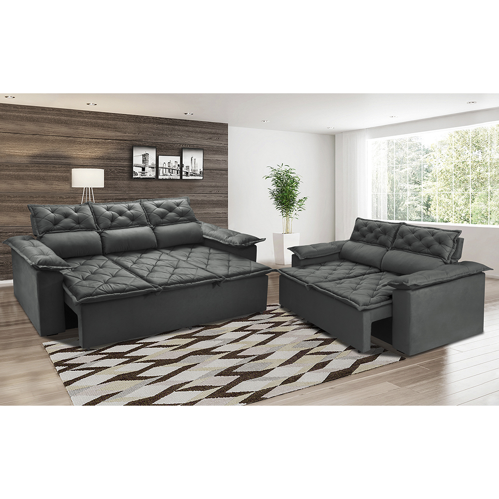 Conjunto de Sofá 3 e 2 Lugares Retrátil e Reclinável Cama inBox Compact 2,00x1,50m Velusoft Cinza