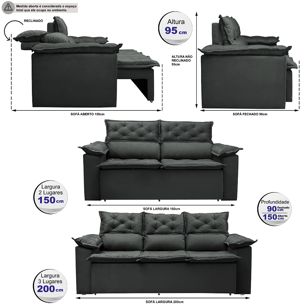 Conjunto de Sofá 3 e 2 Lugares Retrátil e Reclinável Cama inBox Compact 2,00x1,50m Velusoft Cinza