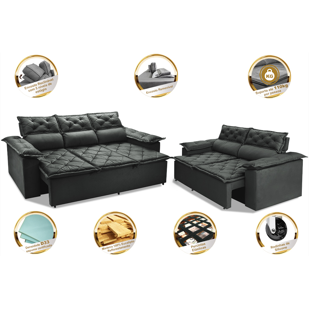 Conjunto de Sofá 3 e 2 Lugares Retrátil e Reclinável Cama inBox Compact 2,00x1,50m Velusoft Cinza