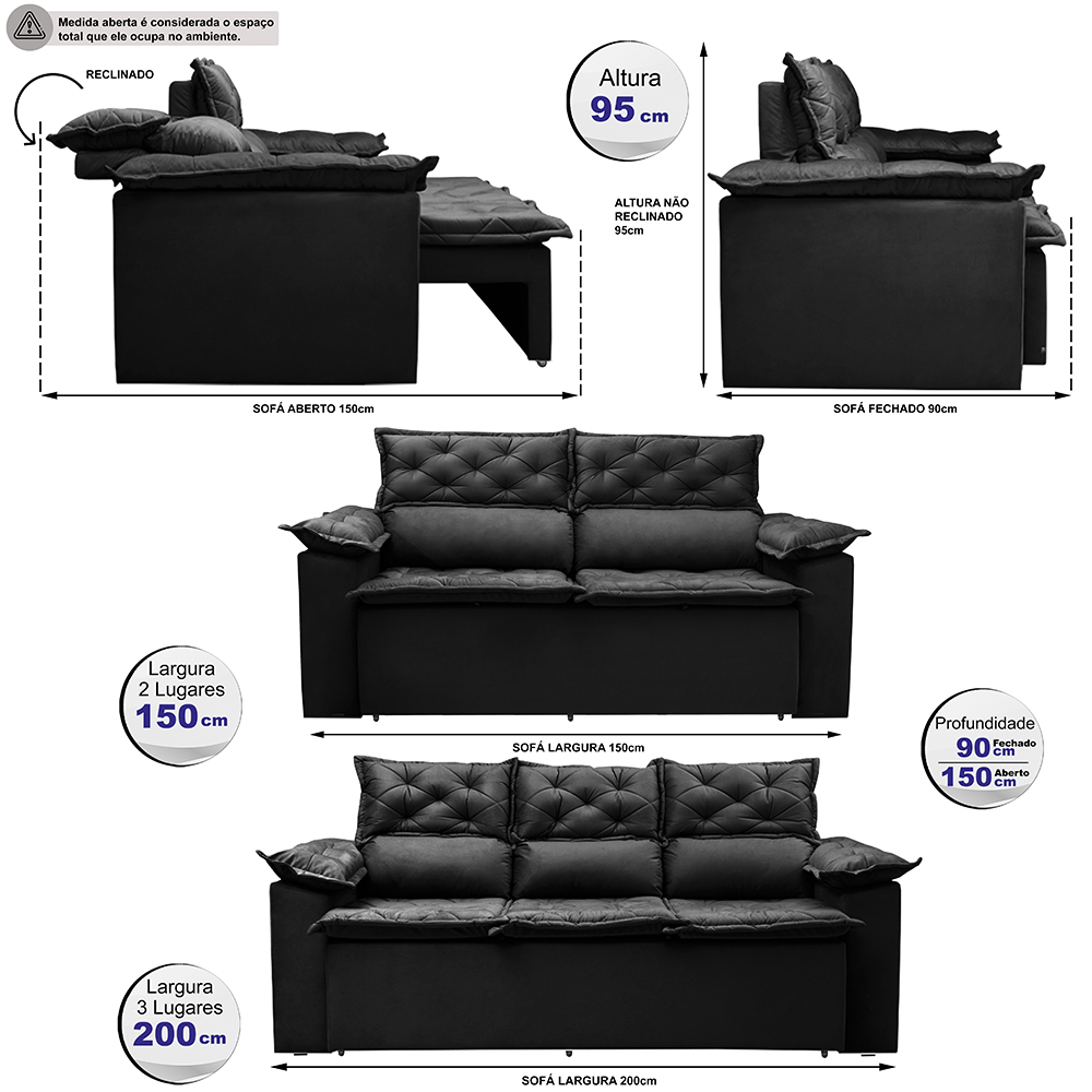 Conjunto de Sofá 3 e 2 Lugares Retrátil e Reclinável Cama inBox Compact 2,00x1,50m Velusoft Preto