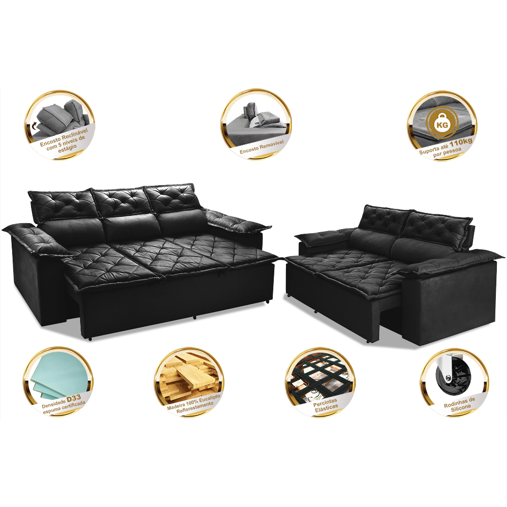 Conjunto de Sofá 3 e 2 Lugares Retrátil e Reclinável Cama inBox Compact 2,00x1,50m Velusoft Preto