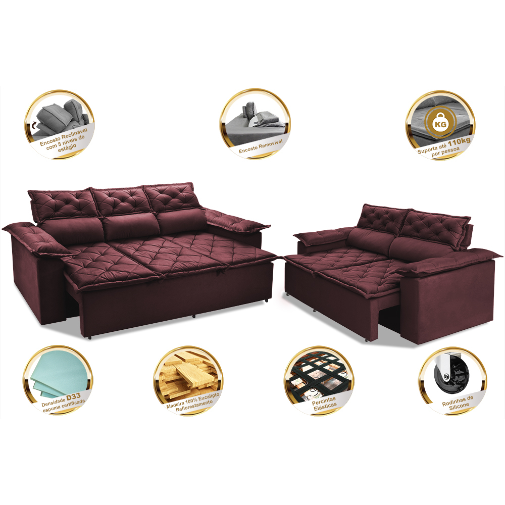 Conjunto de Sofá 3 e 2 Lugares Retrátil e Reclinável Cama inBox Compact 2,00x1,50m Velusoft Vinho