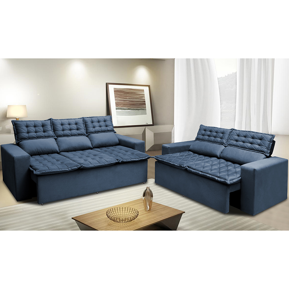Conjunto de Sofá 3 e 2 Lugares Retrátil e Reclinável Cama inBox Slim 2,00x1,50m Velusoft Azul
