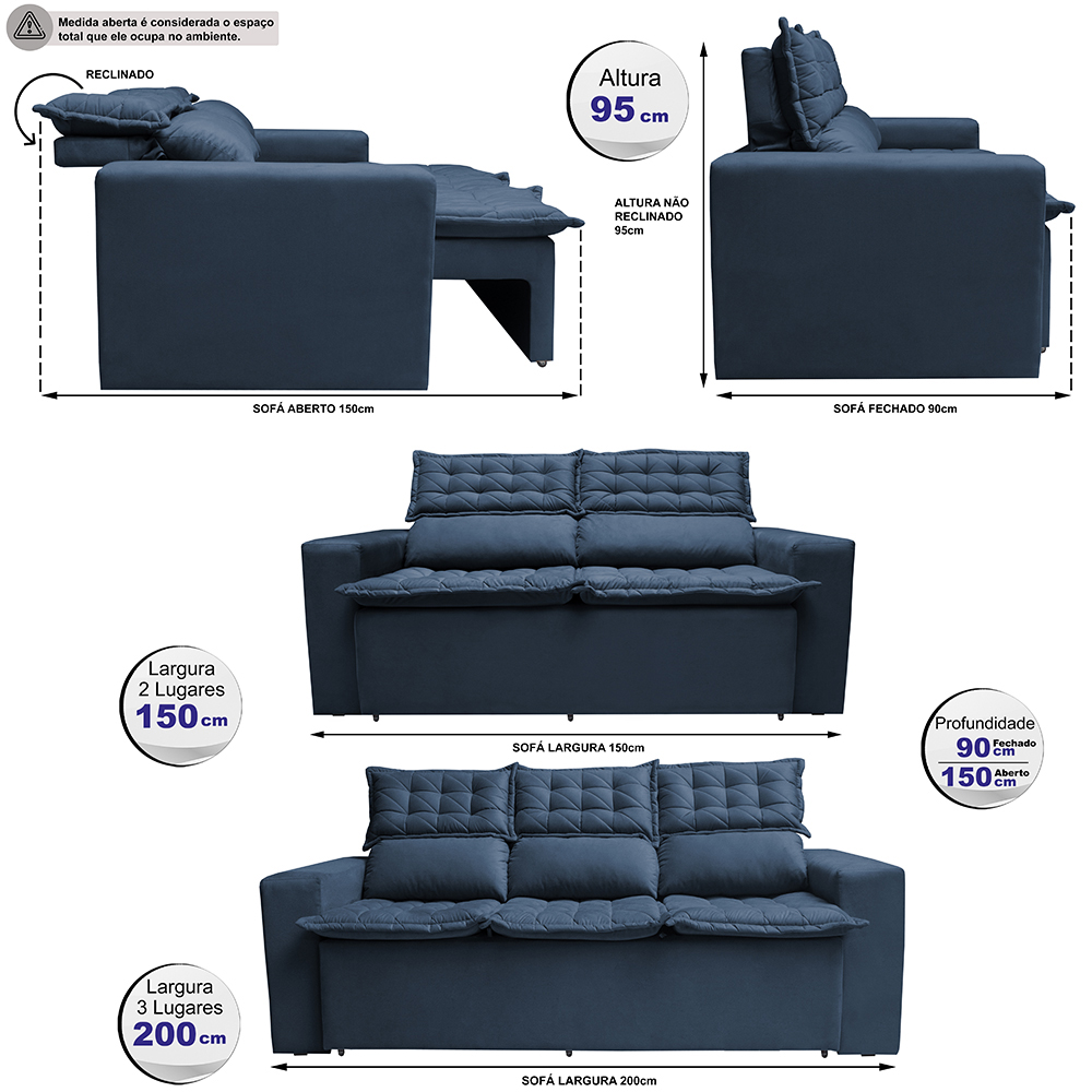 Conjunto de Sofá 3 e 2 Lugares Retrátil e Reclinável Cama inBox Slim 2,00x1,50m Velusoft Azul