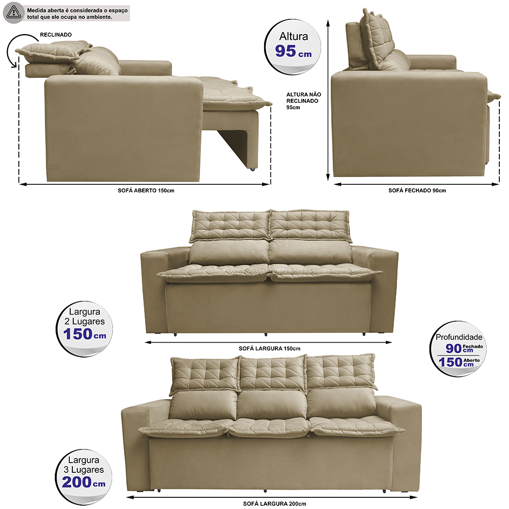 Conjunto de Sofá 3 e 2 Lugares Retrátil e Reclinável Cama inBox Slim 2,00x1,50m Velusoft Bege