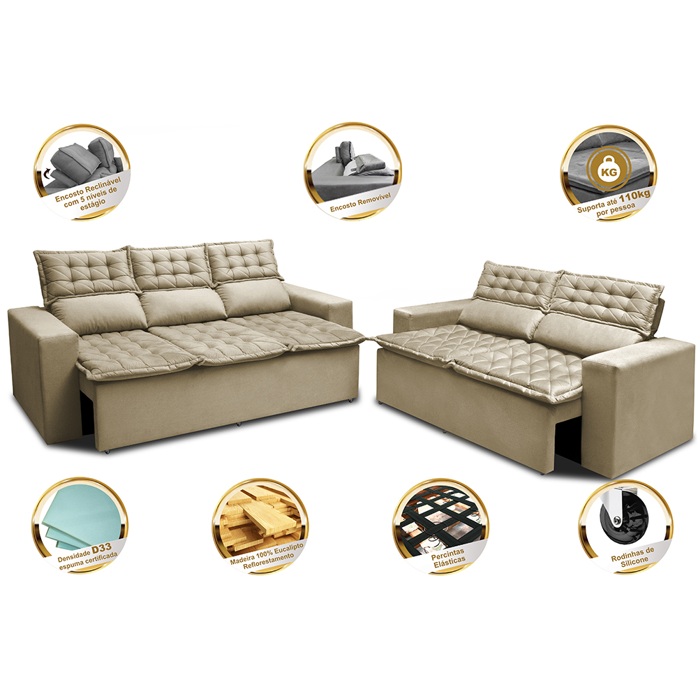 Conjunto de Sofá 3 e 2 Lugares Retrátil e Reclinável Cama inBox Slim 2,00x1,50m Velusoft Bege