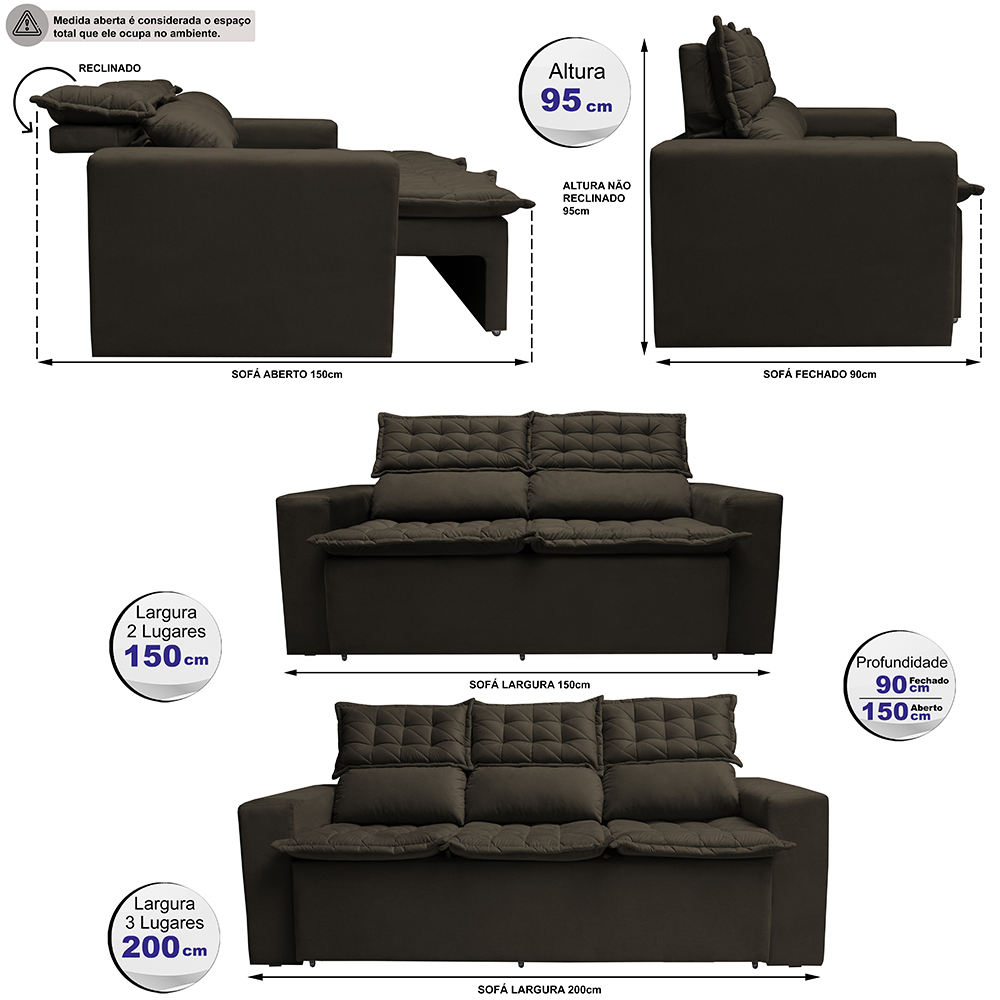 Conjunto de Sofá 3 e 2 Lugares Retrátil e Reclinável Cama inBox Slim 2,00x1,50m Velusoft Café