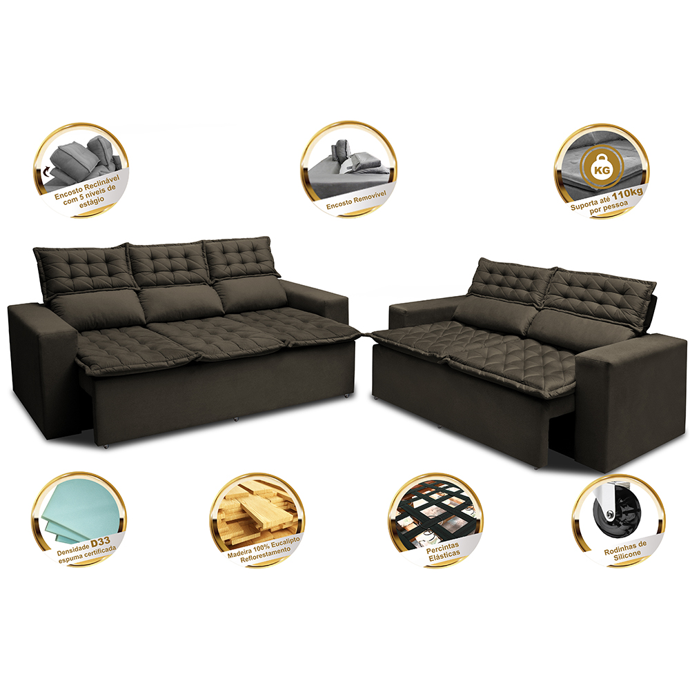 Conjunto de Sofá 3 e 2 Lugares Retrátil e Reclinável Cama inBox Slim 2,00x1,50m Velusoft Café