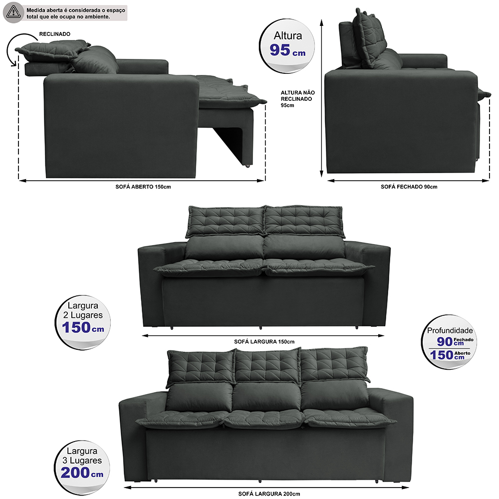 Conjunto de Sofá 3 e 2 Lugares Retrátil e Reclinável Cama inBox Slim 2,00x1,50m Velusoft Cinza