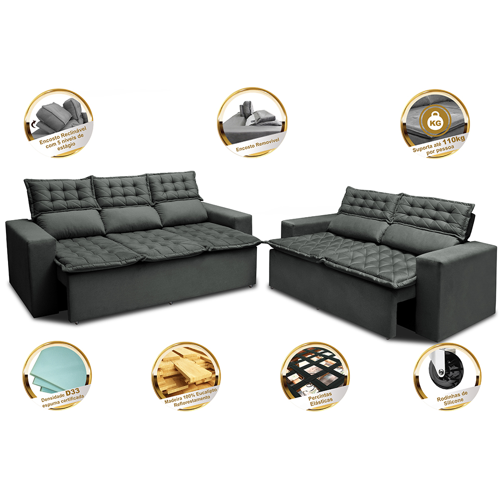 Conjunto de Sofá 3 e 2 Lugares Retrátil e Reclinável Cama inBox Slim 2,00x1,50m Velusoft Cinza