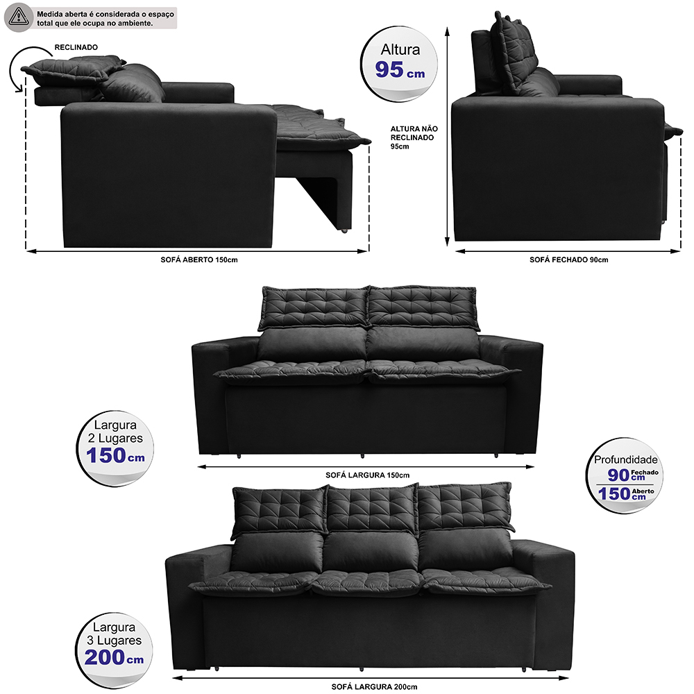 Conjunto de Sofá 3 e 2 Lugares Retrátil e Reclinável Cama inBox Slim 2,00x1,50m Velusoft Preto