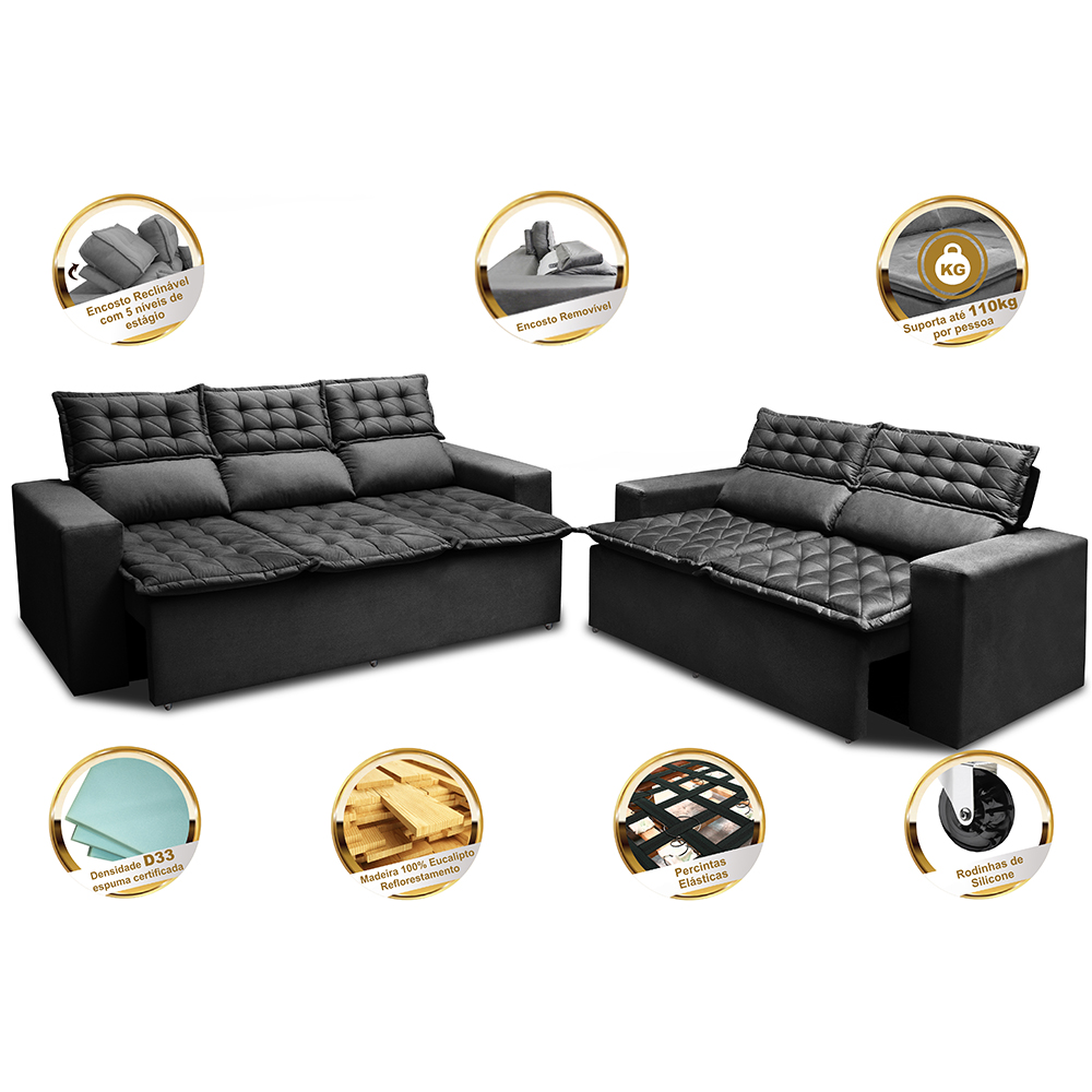 Conjunto de Sofá 3 e 2 Lugares Retrátil e Reclinável Cama inBox Slim 2,00x1,50m Velusoft Preto