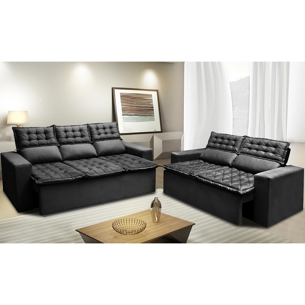 Conjunto de Sofá 3 e 2 Lugares Retrátil e Reclinável Cama inBox Slim 2,00x1,50m Velusoft Preto