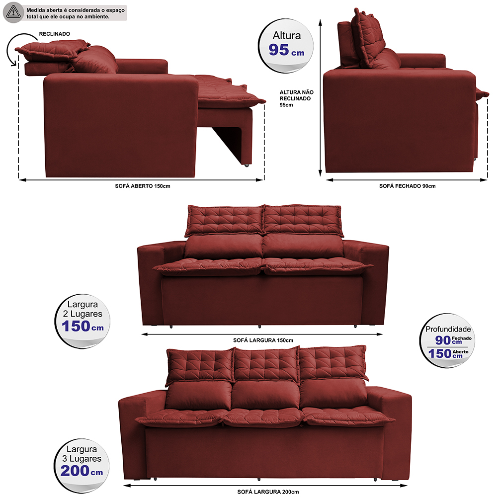 Conjunto de Sofá 3 e 2 Lugares Retrátil e Reclinável Cama inBox Slim 2,00x1,50m Velusoft Vermelho