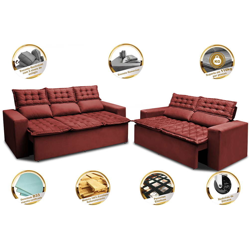 Conjunto de Sofá 3 e 2 Lugares Retrátil e Reclinável Cama inBox Slim 2,00x1,50m Velusoft Vermelho