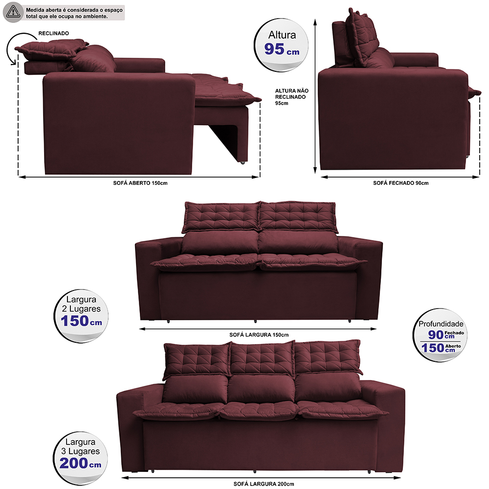 Conjunto de Sofá 3 e 2 Lugares Retrátil e Reclinável Cama inBox Slim 2,00x1,50m Velusoft Vinho