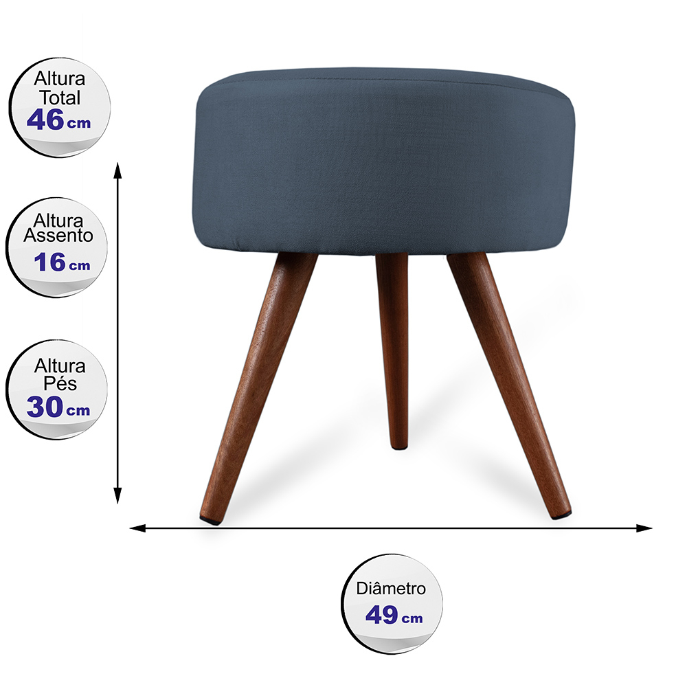 Puff Cama Inbox Hilda Redondo com Pés em Madeira Maciça Tecido Suede Azul