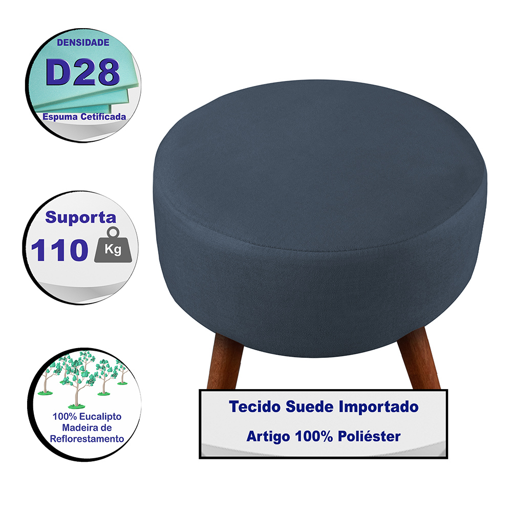 Puff Cama Inbox Hilda Redondo com Pés em Madeira Maciça Tecido Suede Azul