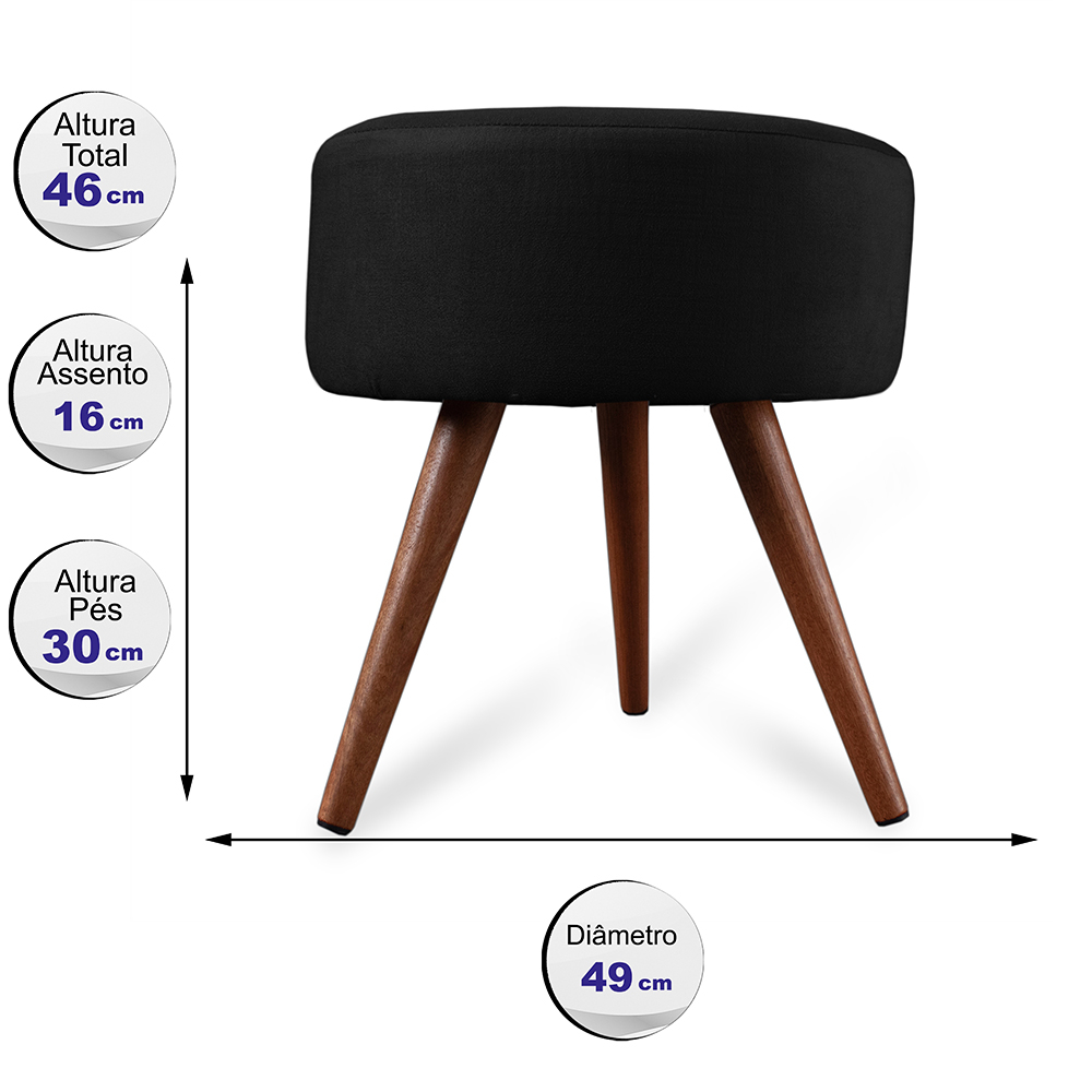 Puff Cama Inbox Hilda Redondo com Pés em Madeira Maciça Tecido Suede Preto
