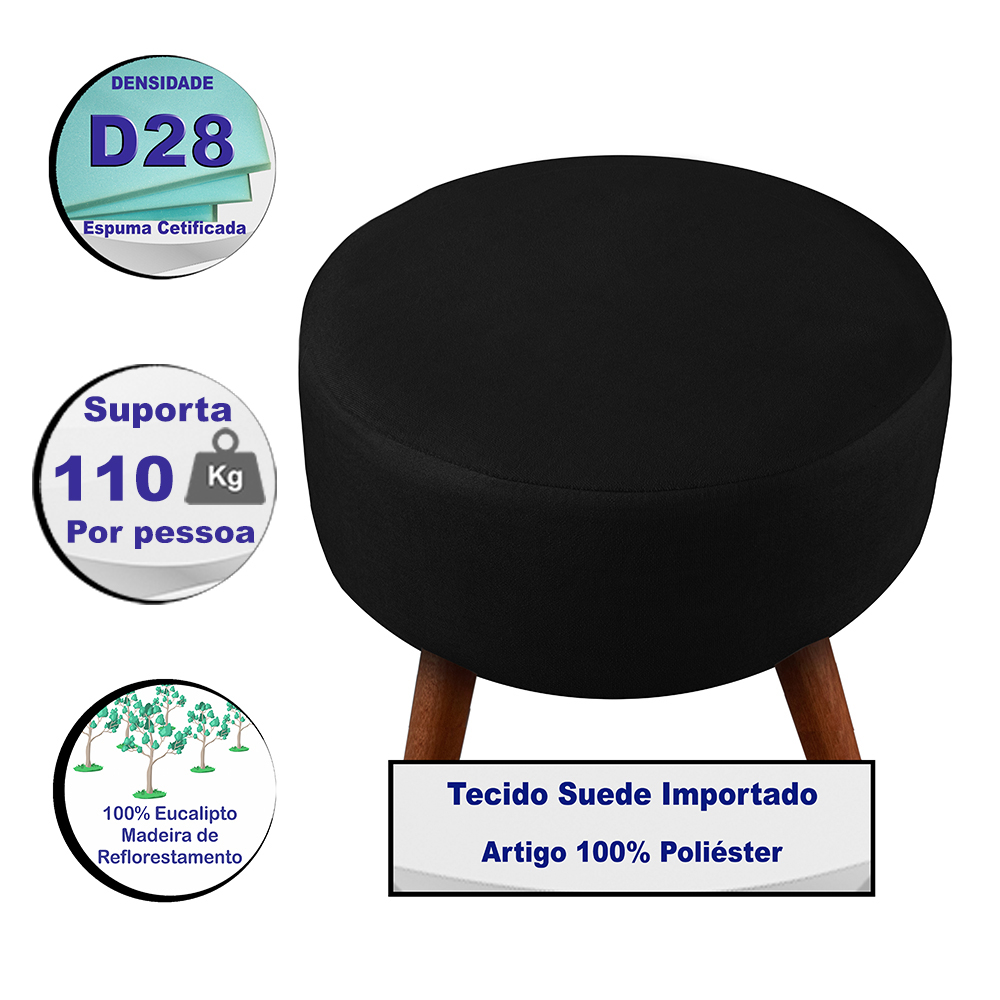 Puff Cama Inbox Hilda Redondo com Pés em Madeira Maciça Tecido Suede Preto