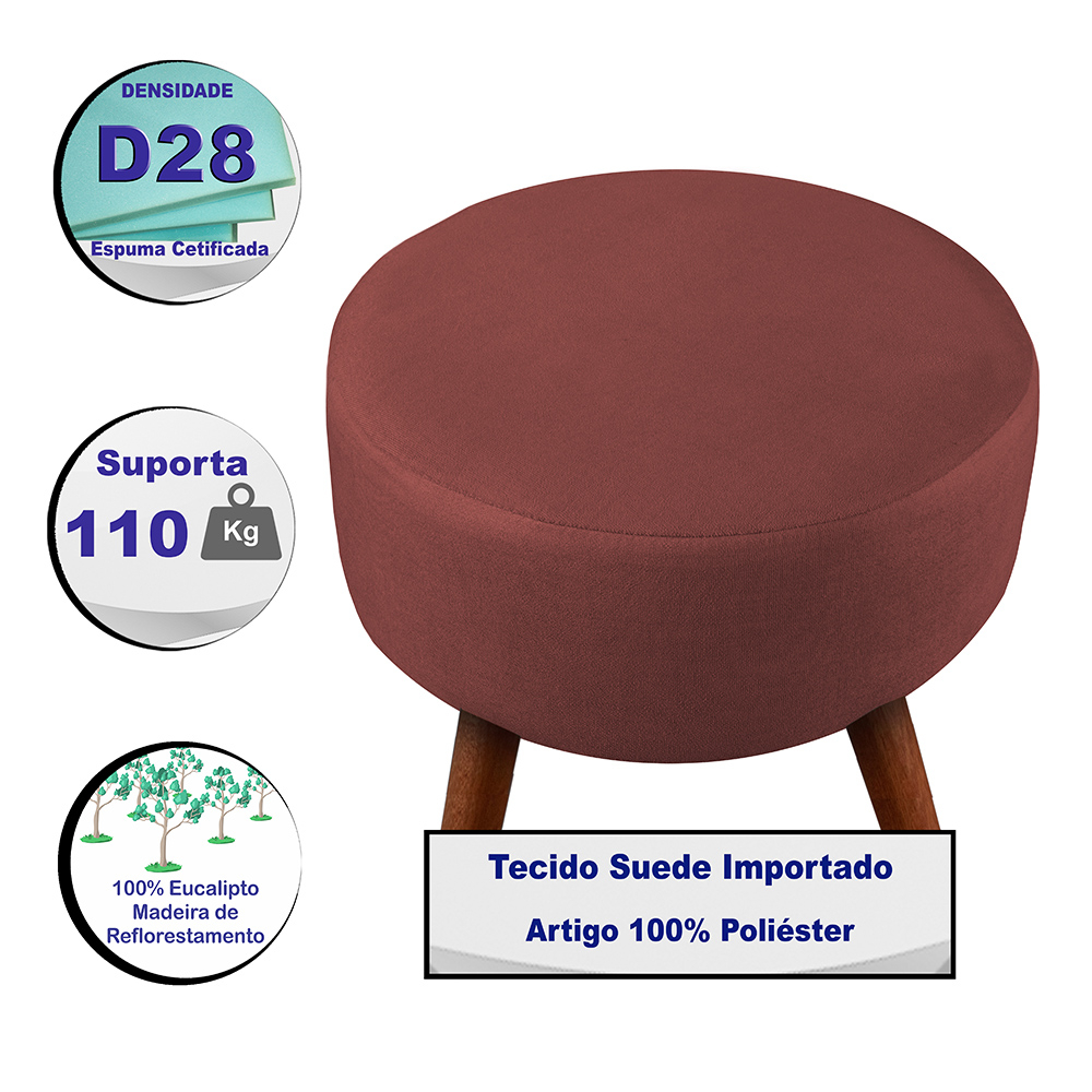 Puff Cama Inbox Hilda Redondo com Pés em Madeira Maciça Tecido Suede Vermelho