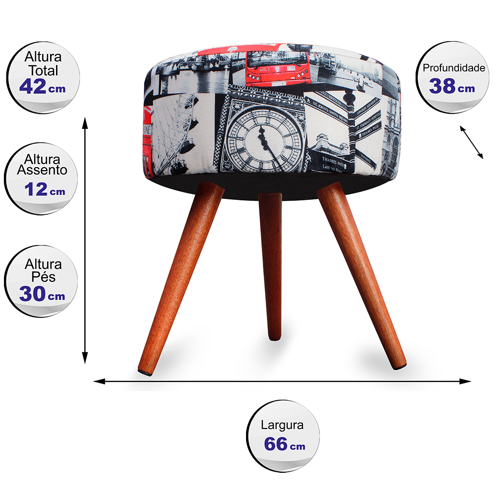 Puff Cama Inbox Londres Redondo com Pés em Madeira Maciça Tecido Suede