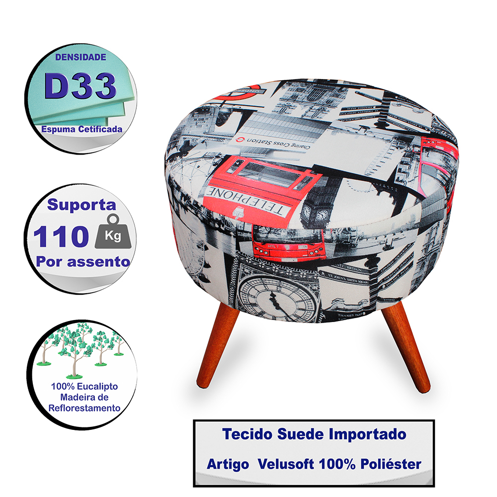 Puff Cama Inbox Londres Redondo com Pés em Madeira Maciça Tecido Suede