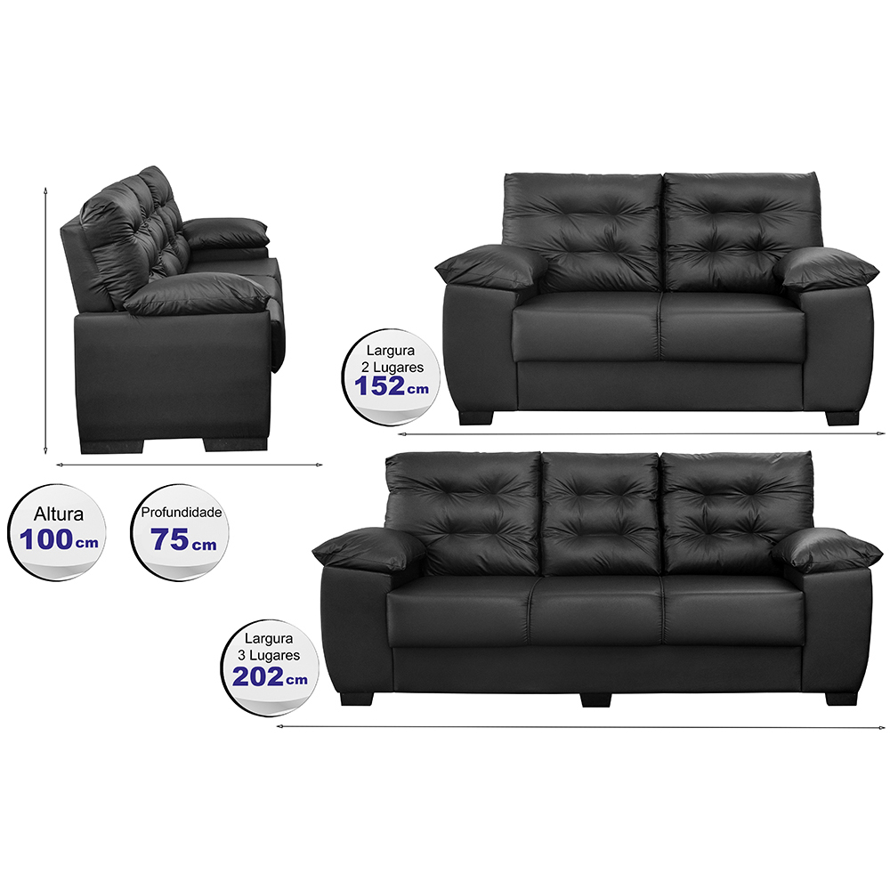 Conjunto Sofá Luxemburgo 3 E 2 Lugares 1,52m e 2,02m Courino Preto