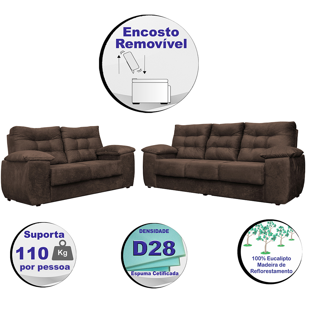 Conjunto Sofá Luxemburgo 3 E 2 Lugares 1,52m e 2,02m Suede Café