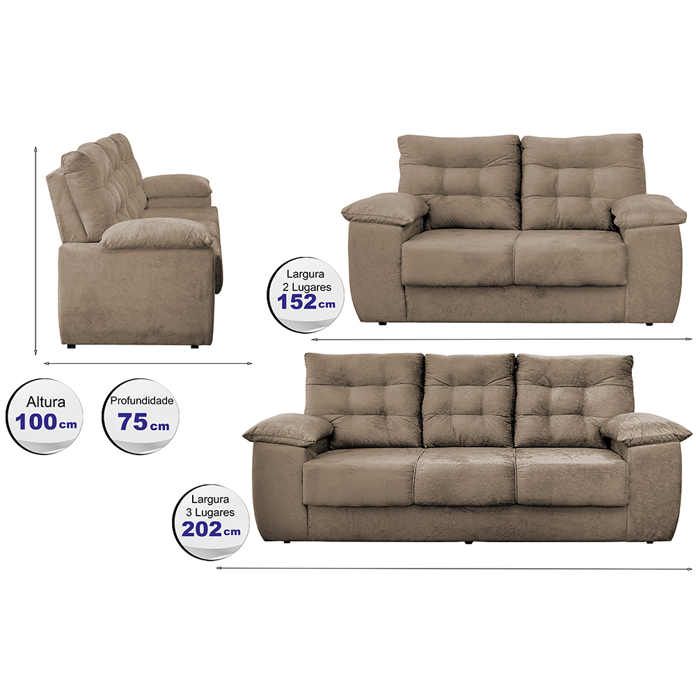 Conjunto Sofá Luxemburgo 3 E 2 Lugares 1,52m e 2,02m Suede Castor