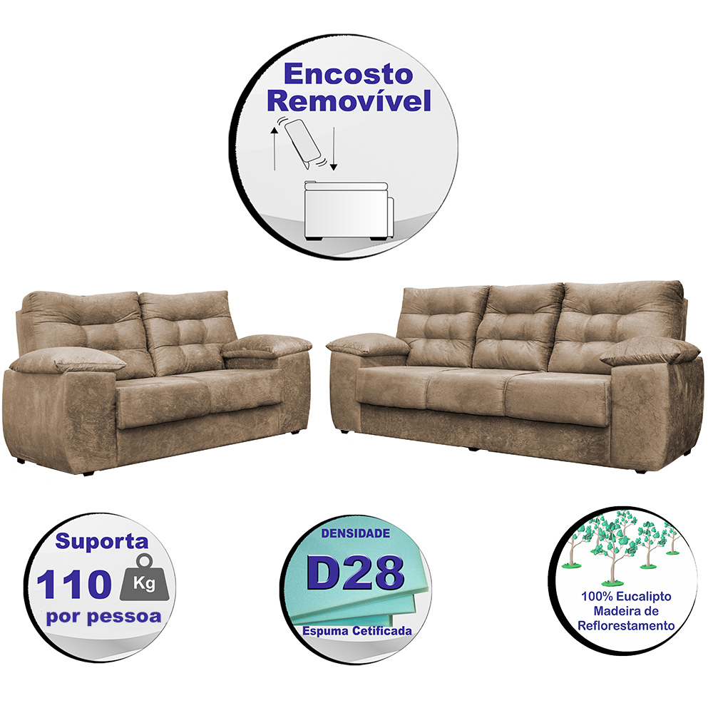 Conjunto Sofá Luxemburgo 3 E 2 Lugares 1,52m e 2,02m Suede Castor