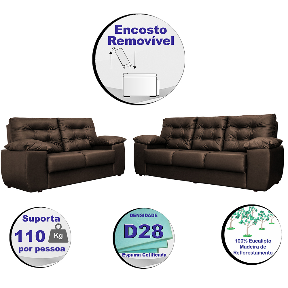 Conjunto Sofá Luxemburgo 3 e 2 Lugares 1,52m e 2,02m Courino Marrom