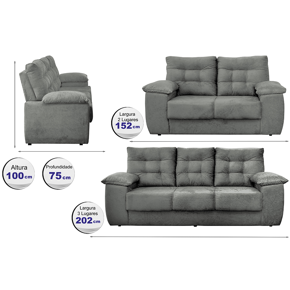 Conjunto Sofá Luxemburgo 3 e 2 Lugares 1,52m e 2,02m Suede Cinza