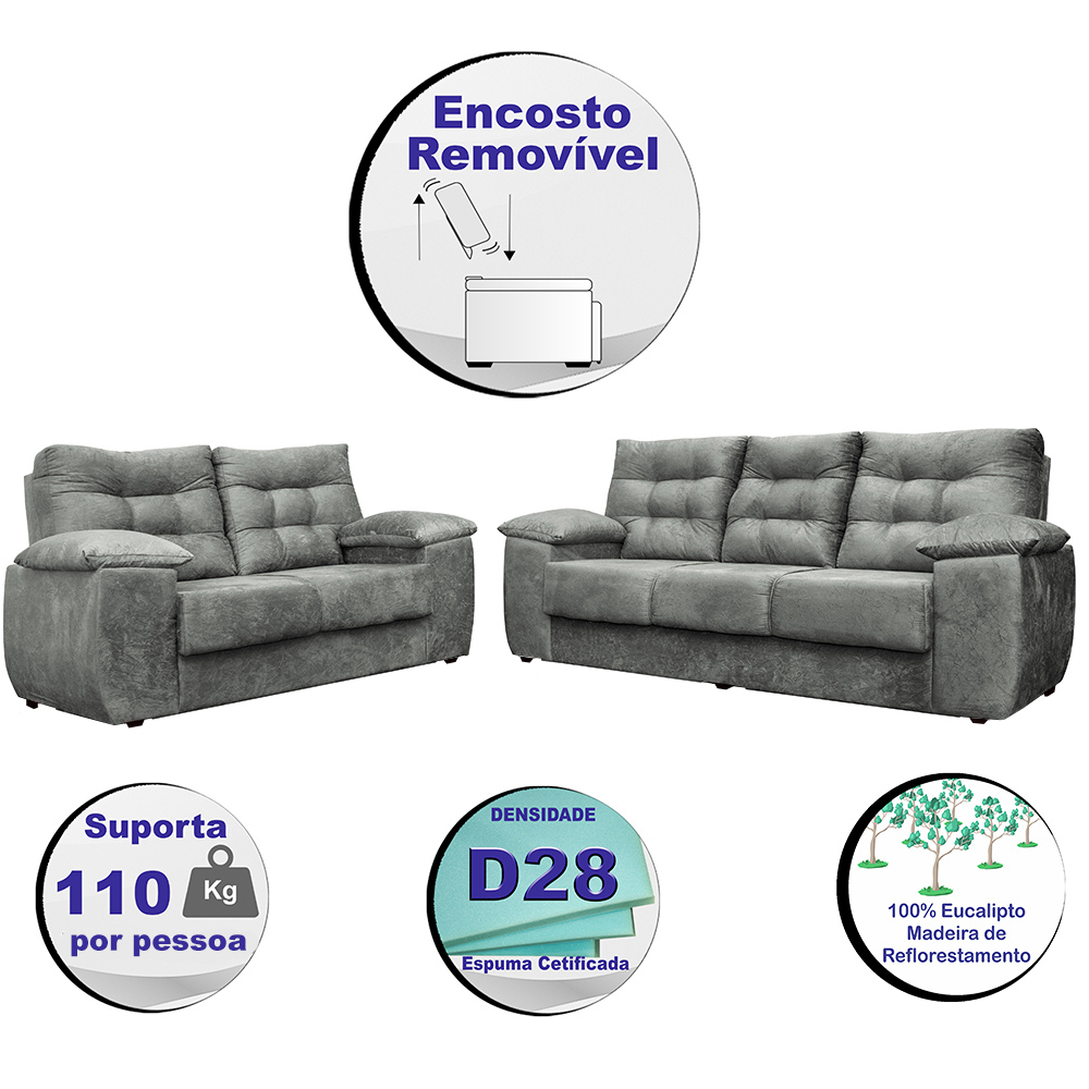 Conjunto Sofá Luxemburgo 3 e 2 Lugares 1,52m e 2,02m Suede Cinza