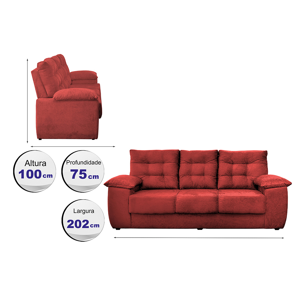 Sofá Luxemburgo 3 Lugares 2,02m Tecido Suede Vermelho