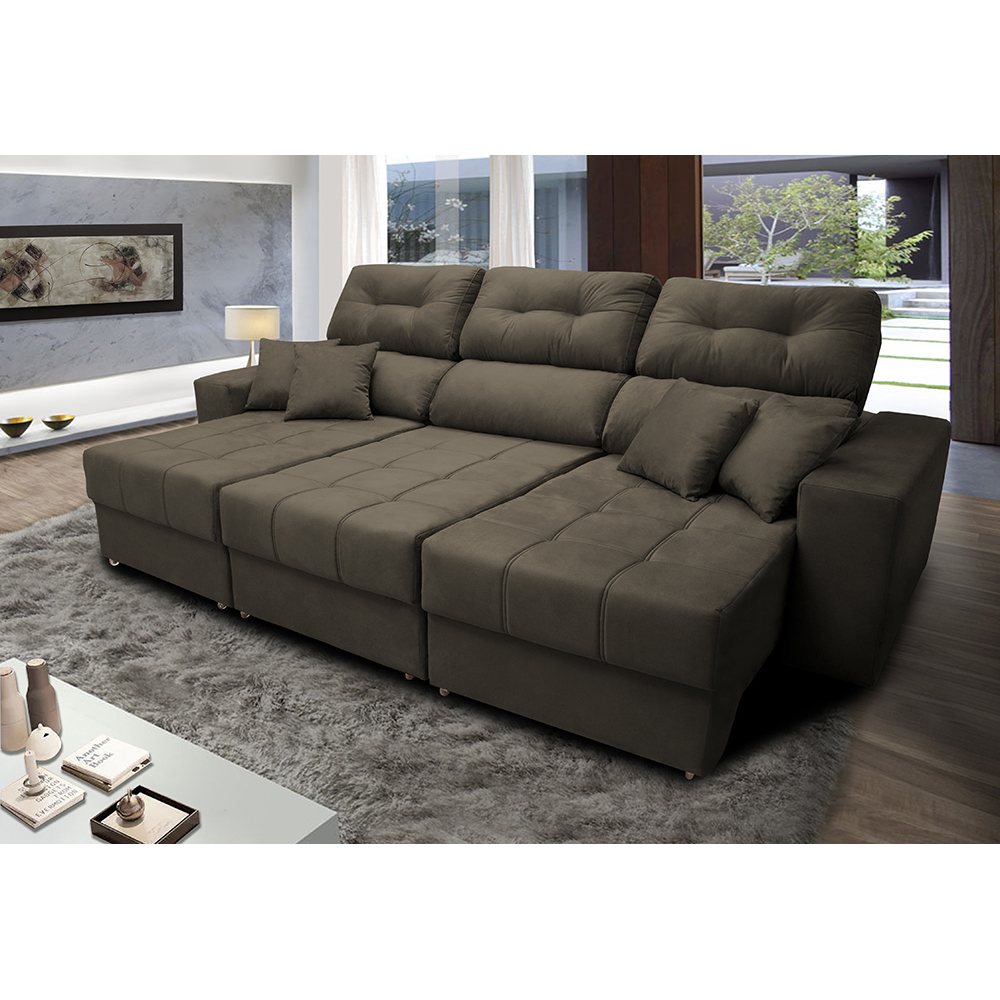 Sofá Retrátil e Reclinável Cama inBox Diamond 2,52m Tecido Suede Velusoft Café