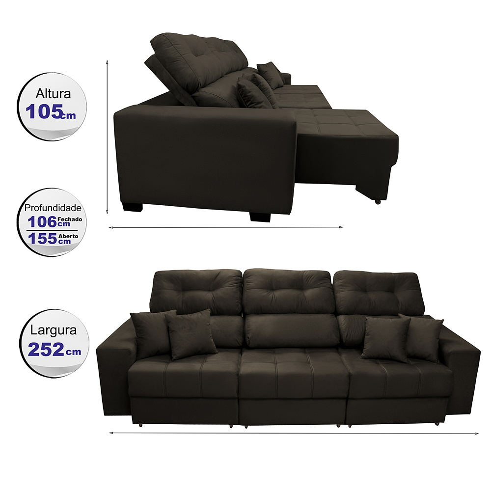Sofá Retrátil e Reclinável Cama inBox Diamond 2,52m Tecido Suede Velusoft Café