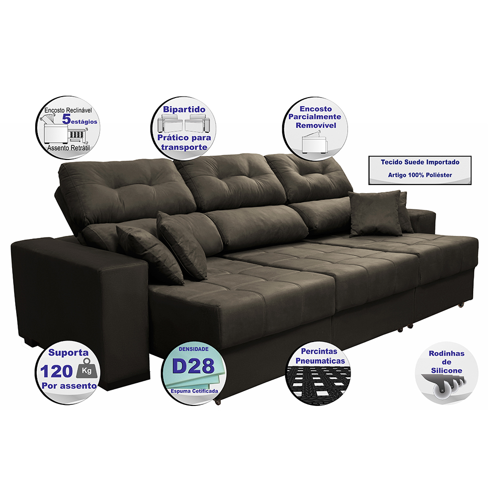 Sofá Retrátil e Reclinável Cama inBox Diamond 2,52m Tecido Suede Velusoft Café