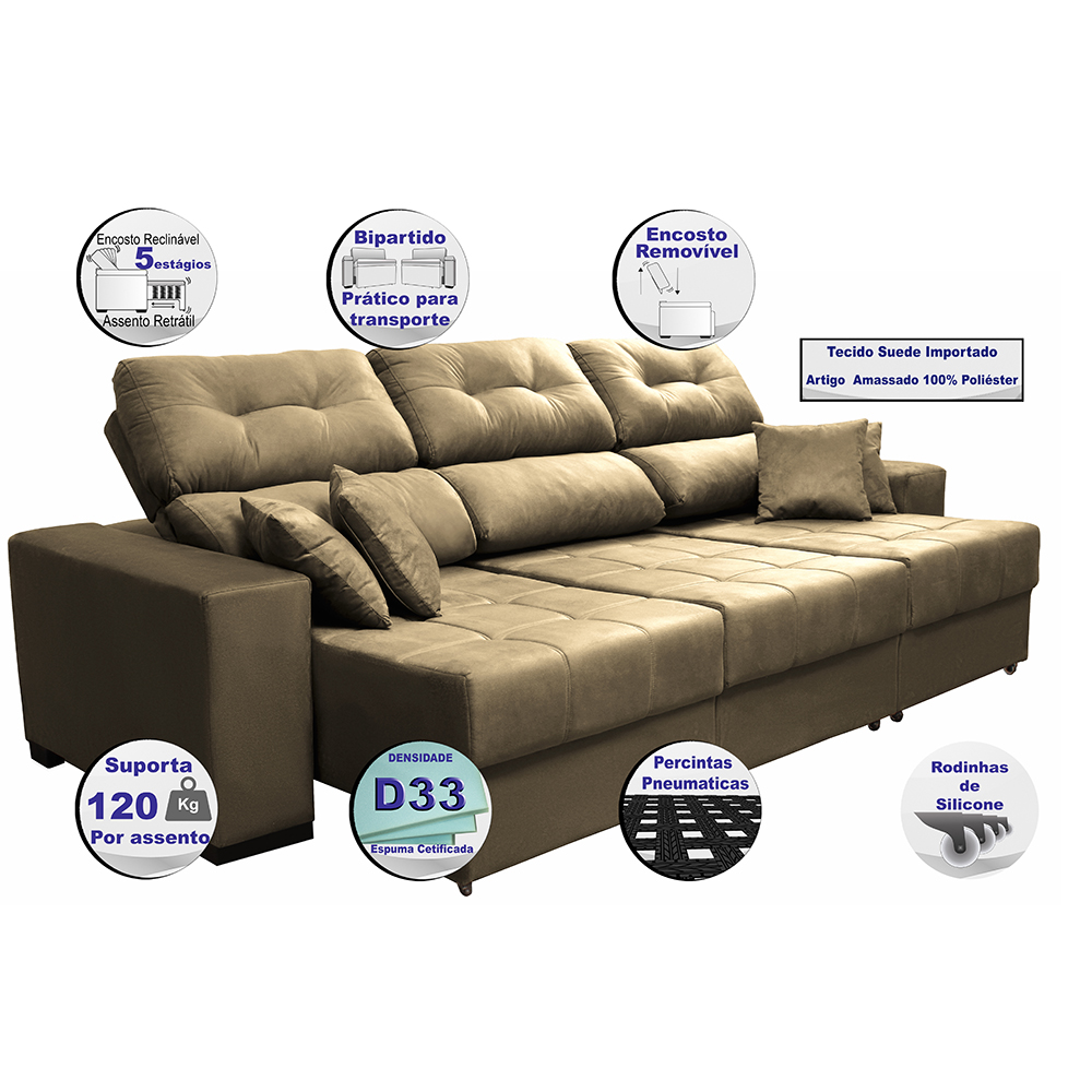 Sofá Retrátil e Reclinável Cama inBox Diamond 2,52m Tecido Suede Velusoft Castor