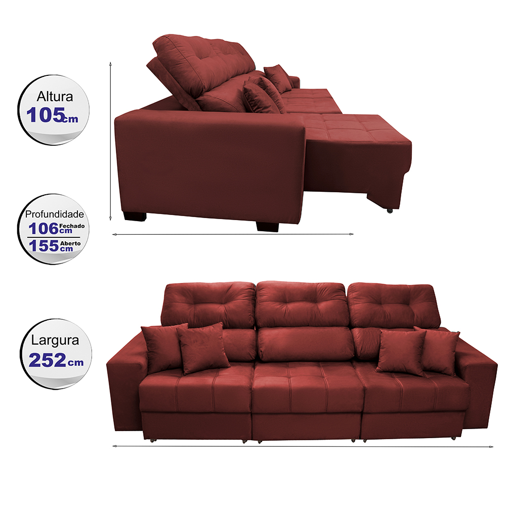 Sofá Retrátil e Reclinável Cama inBox Diamond 2,52m Tecido Suede Velusoft Vermelho