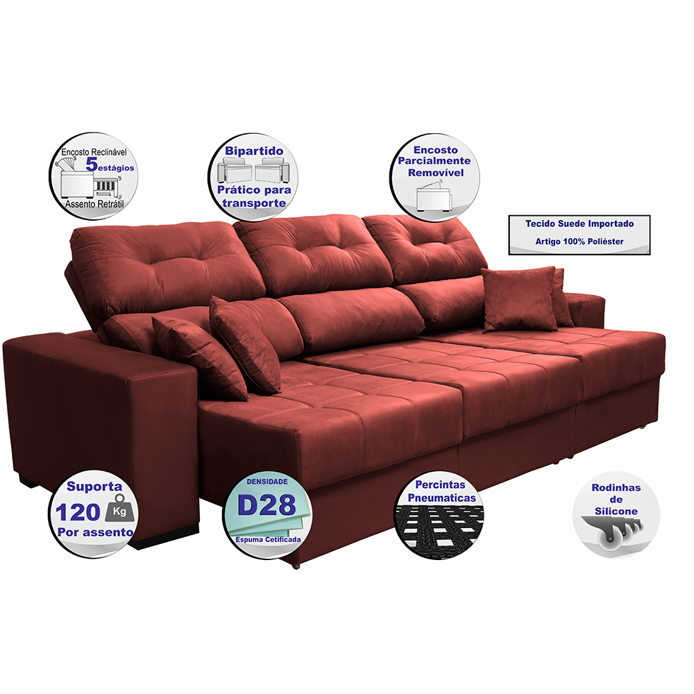 Sofá Retrátil e Reclinável Cama inBox Diamond 2,52m Tecido Suede Velusoft Vermelho