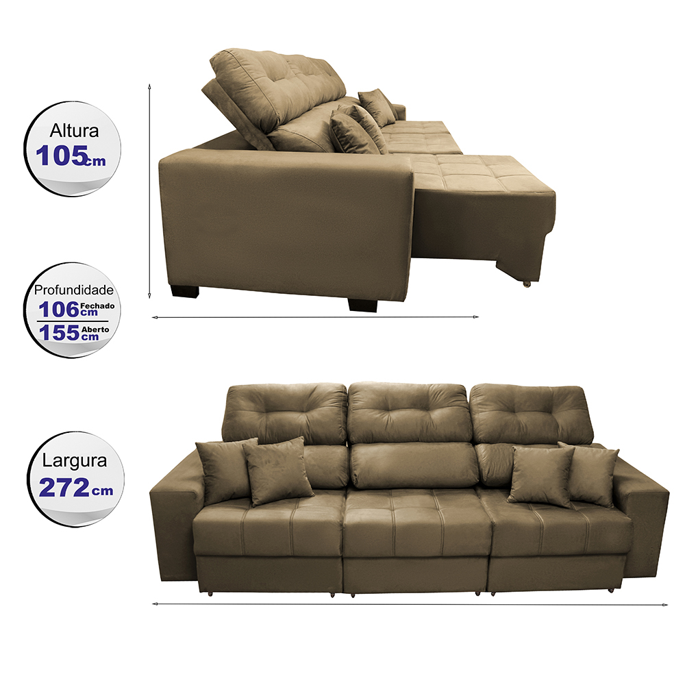 Sofá Retrátil e Reclinável Cama inBox Diamond 2,72m Tecido Suede Velusoft Castor