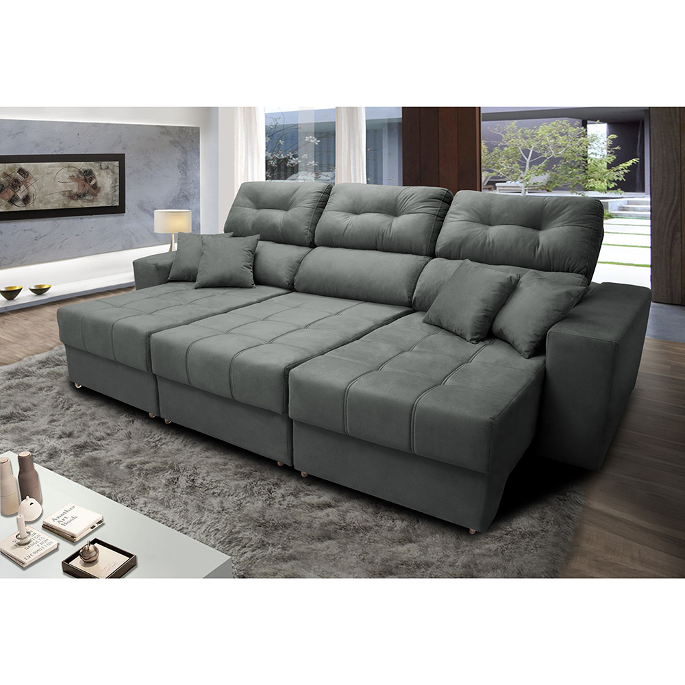 Sofá Retrátil e Reclinável Cama inBox Diamond 2,72m Tecido Suede Velusoft Cinza