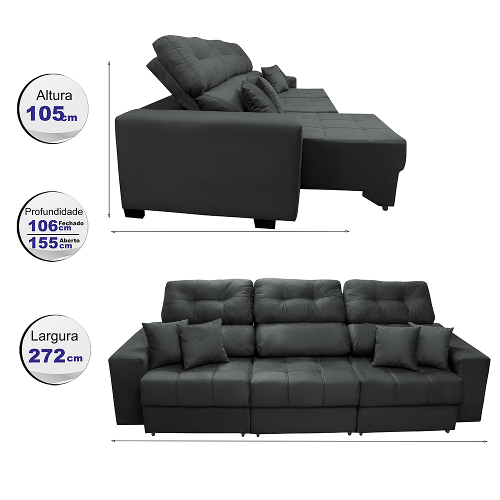 Sofá Retrátil e Reclinável Cama inBox Diamond 2,72m Tecido Suede Velusoft Cinza