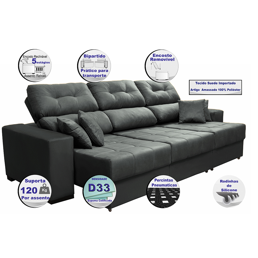 Sofá Retrátil e Reclinável Cama inBox Diamond 2,72m Tecido Suede Velusoft Cinza