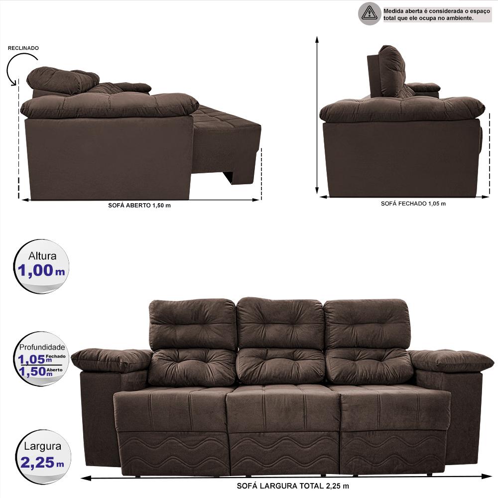 Sofa Itália 2,25 Mts Retrátil e Reclinavel Tecido Suede Café - Cama InBox