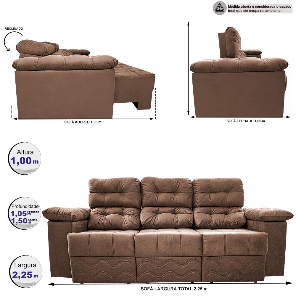 Sofa Itália 2,25 Mts Retrátil e Reclinavel Tecido Suede Castor - Cama InBox