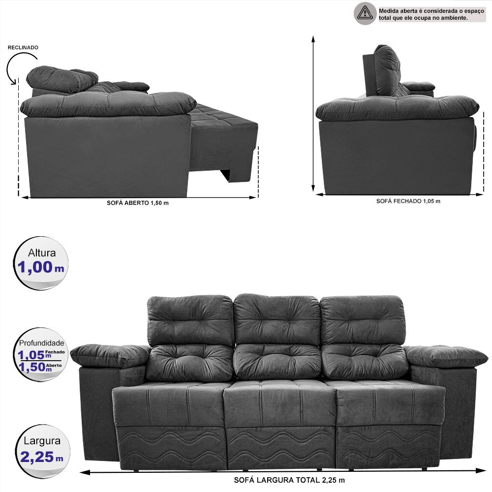 Sofa Itália 2,25 Mts Retrátil e Reclinavel Tecido Suede Cinza - Cama InBox