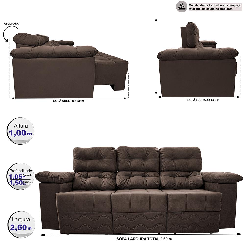 Sofa Itália 2,60 Mts Retrátil e Reclinavel Tecido Suede Café - Cama InBox